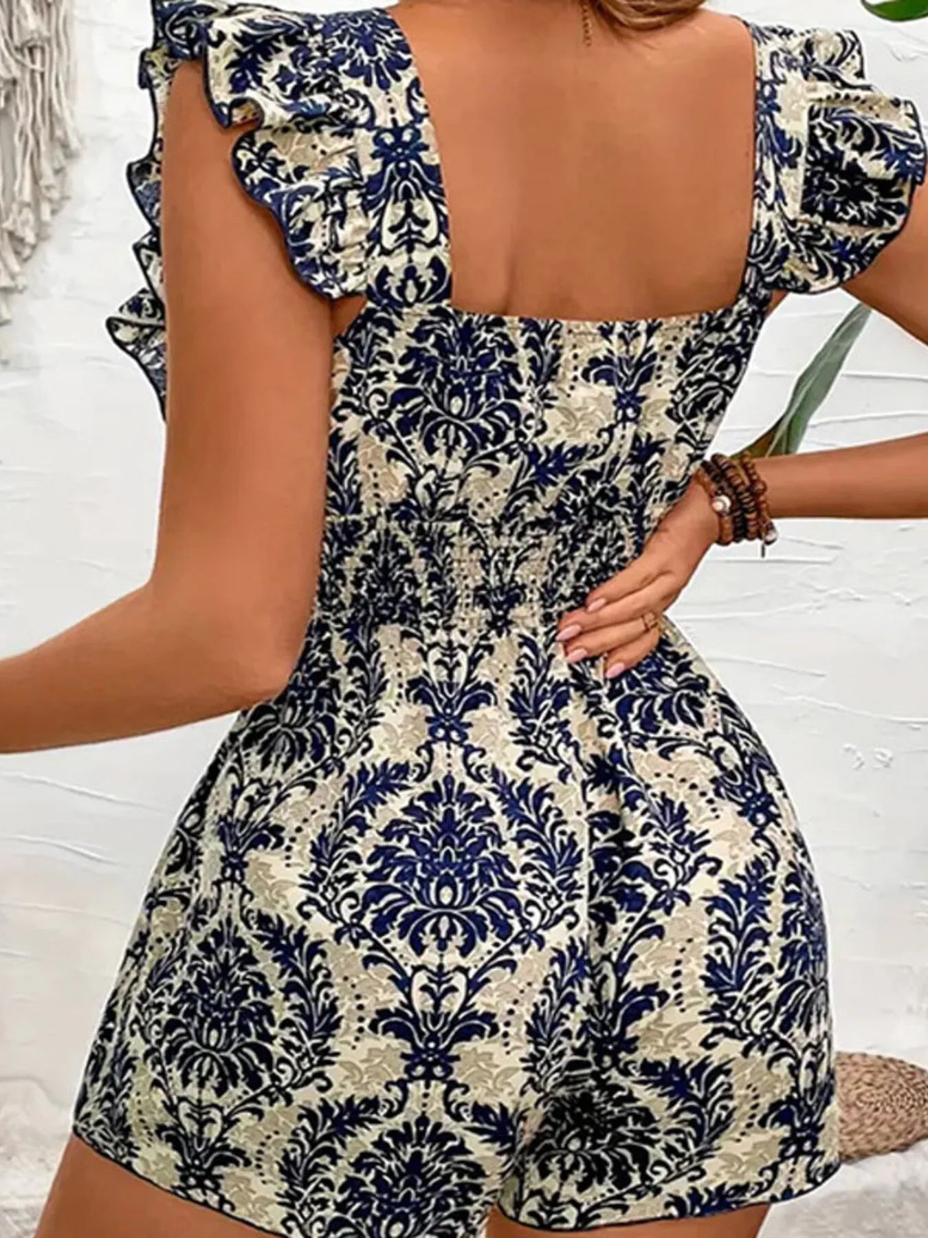 Ruffled Printed Square Neck Romper Trendsi