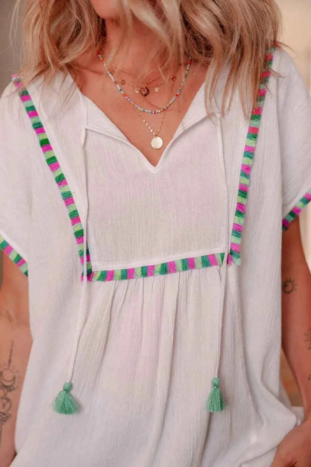 Tassel Tie Neck Short Sleeve Blouse Trendsi