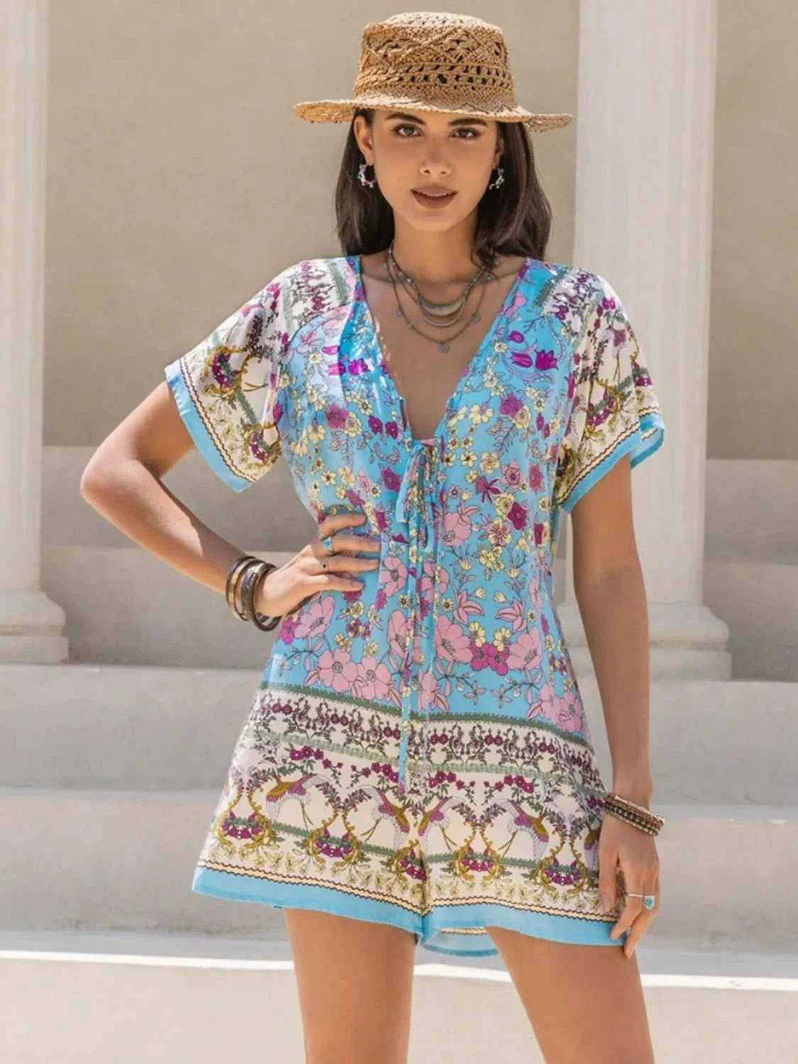 Tied Front Printed Short Sleeve Romper Trendsi