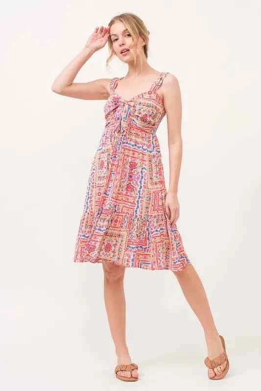 And The Why Tied Front Smocked Back Tiered Boho Printed Dress Trendsi