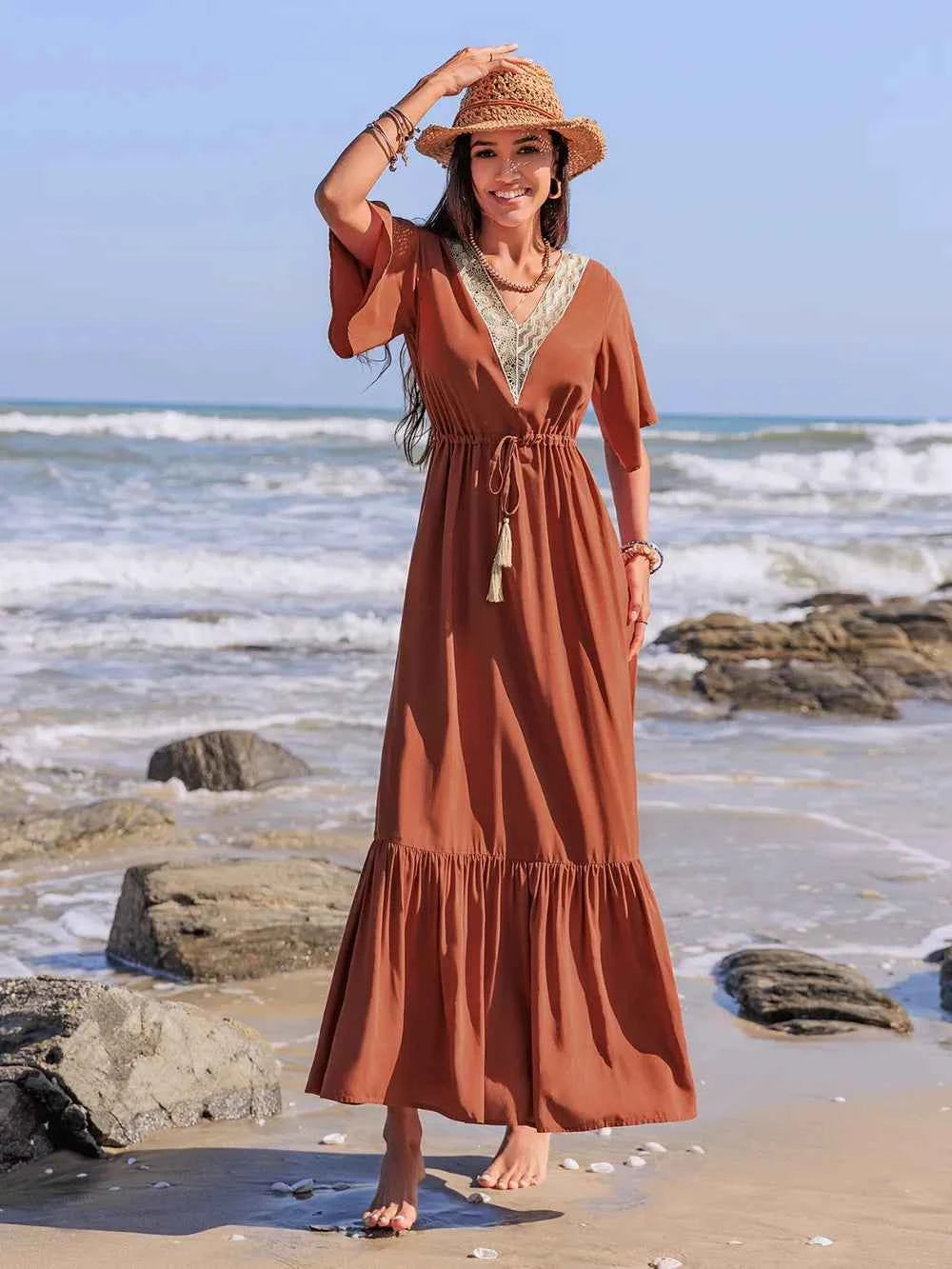 Ruffled Tassel V-Neck Flutter Sleeve Dress Trendsi