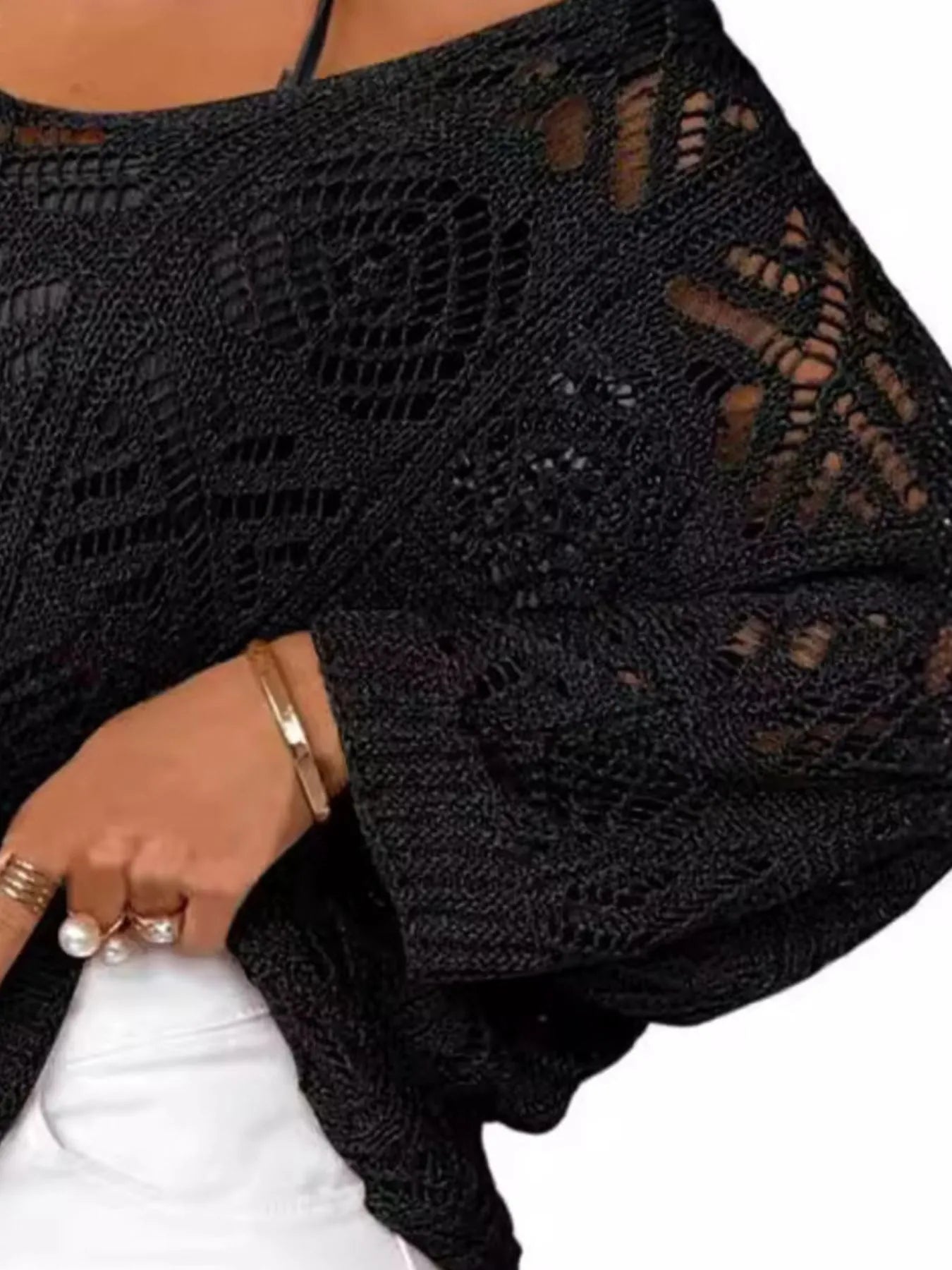 Openwork 3/4 Sleeve Knit Cover Up Trendsi