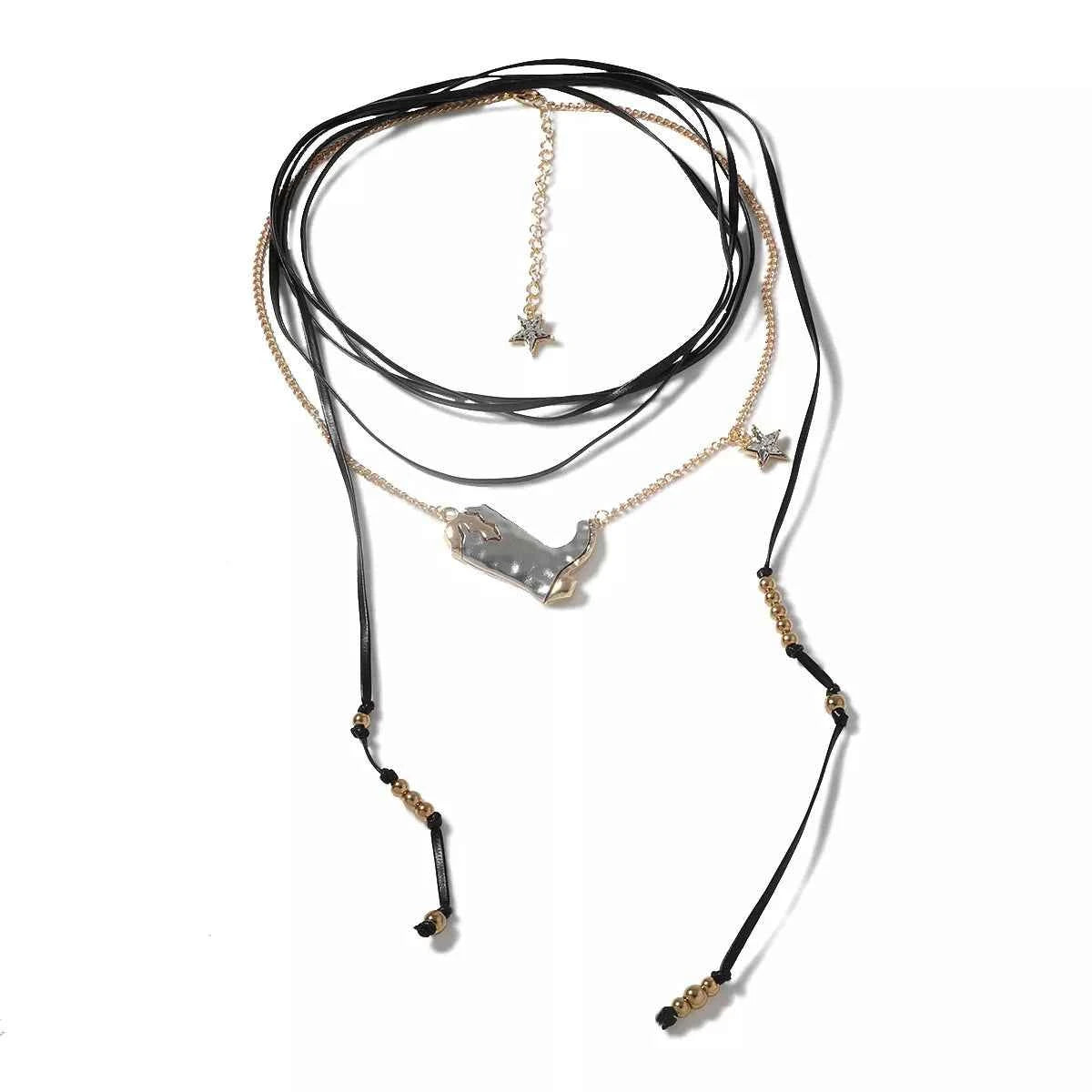 2 Piece Layered Leather Cord Boot Pendant Necklace Trendsi
