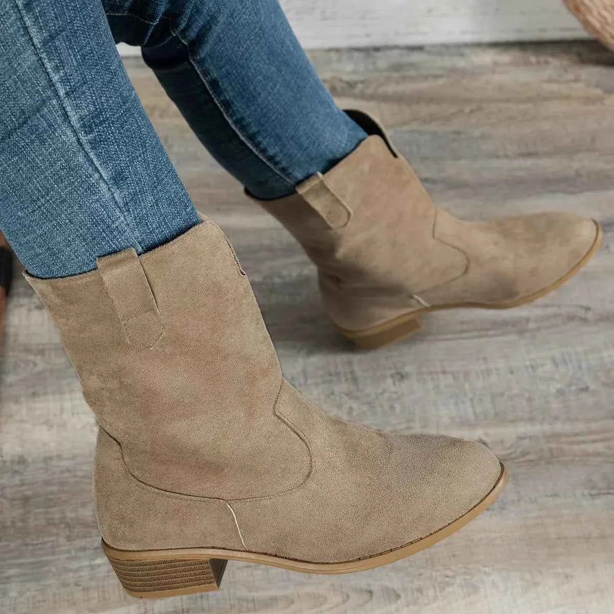 Suede Block Heel Western Boots Trendsi