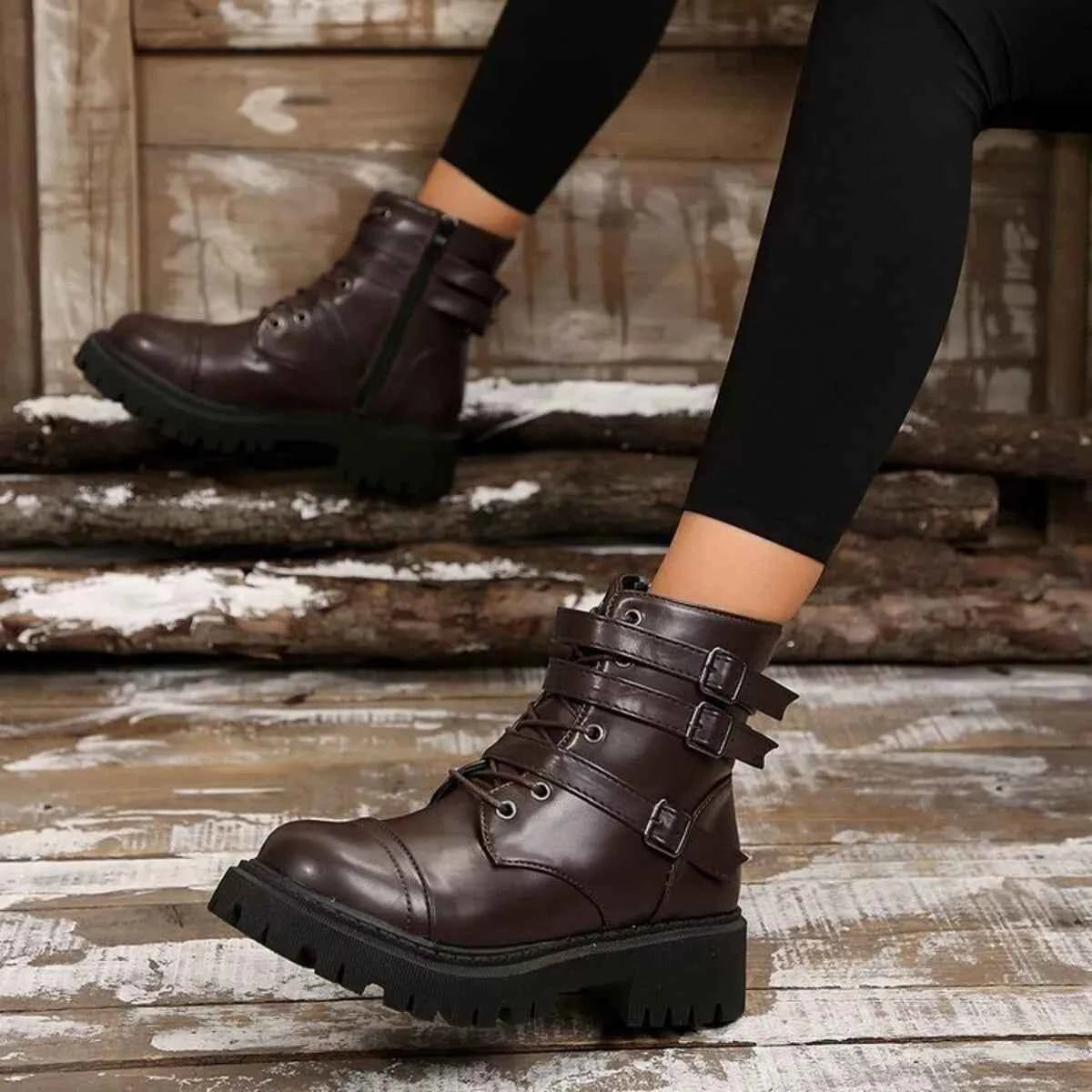 Round Toe Platform Boots Dark Brown Trendsi