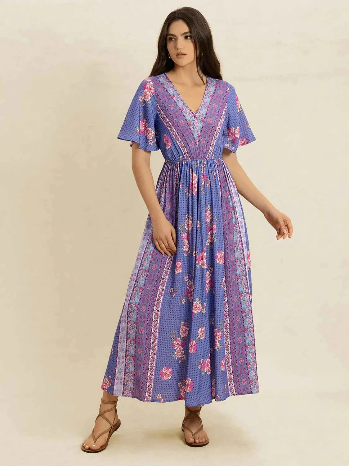 Printed Short Sleeve Midi Dress Trendsi