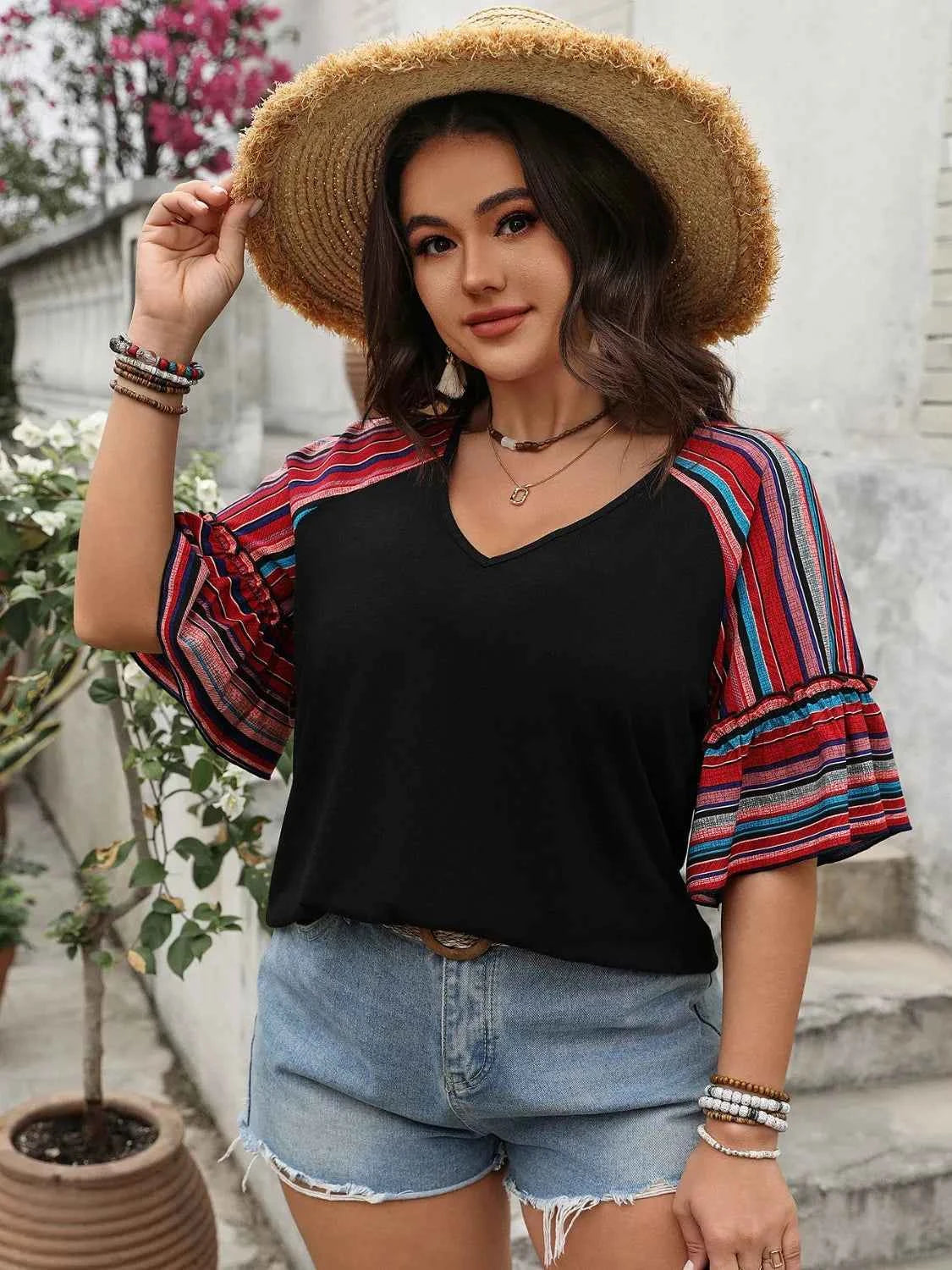 Plus Size V-Neck Flounce Sleeve Top Trendsi