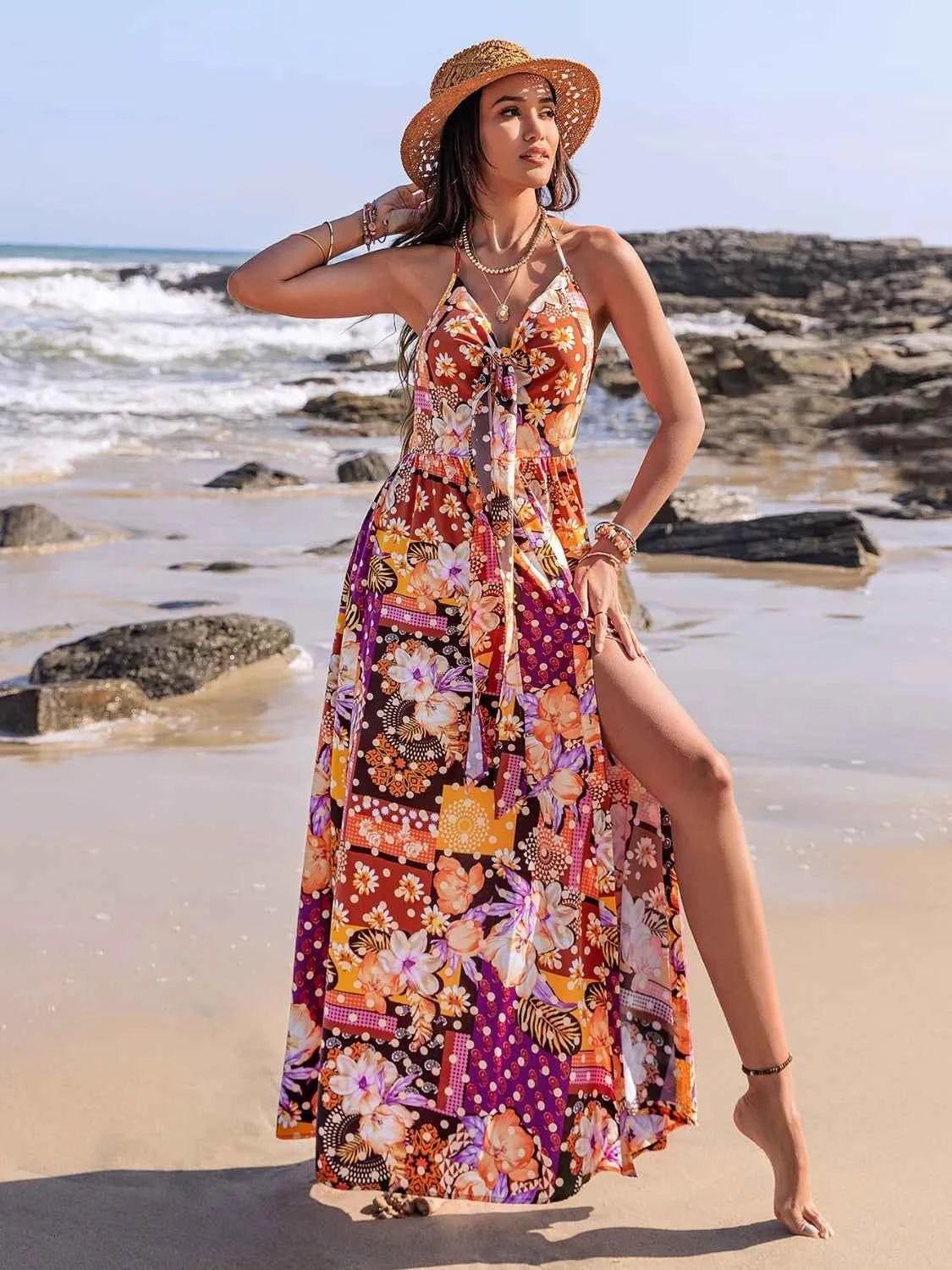 Slit Printed Halter Neck Cami Dress Trendsi