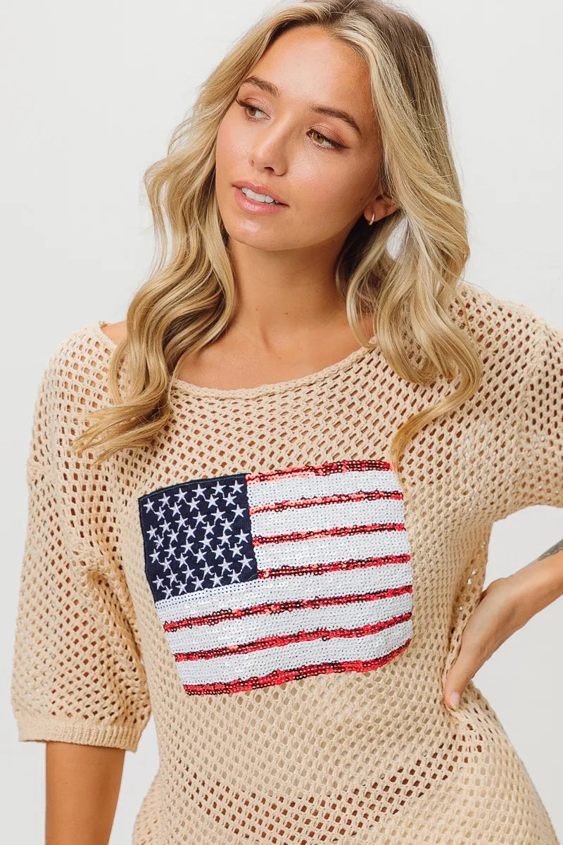 BiBi Sequin American Flag Knit Cover Up Trendsi