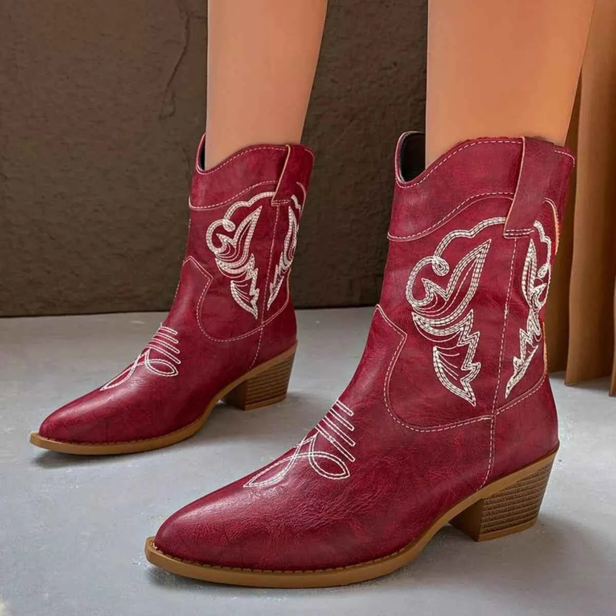 Western Cowboy Boots with Embroidered Design Red Trendsi