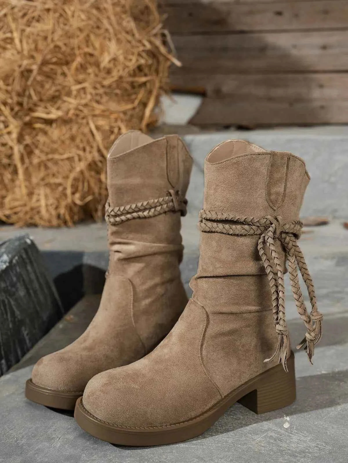 Round Toe Block Heels Boots Khaki Trendsi