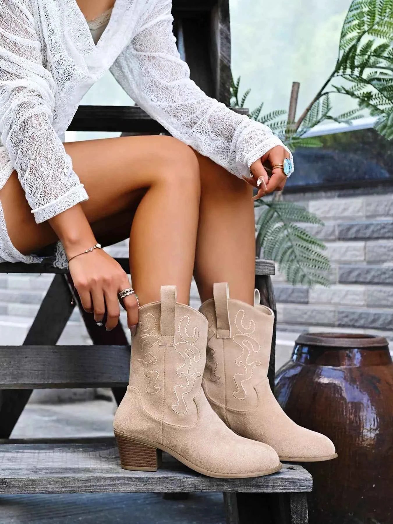 Point Toe Block Heels Boots Cream White Trendsi