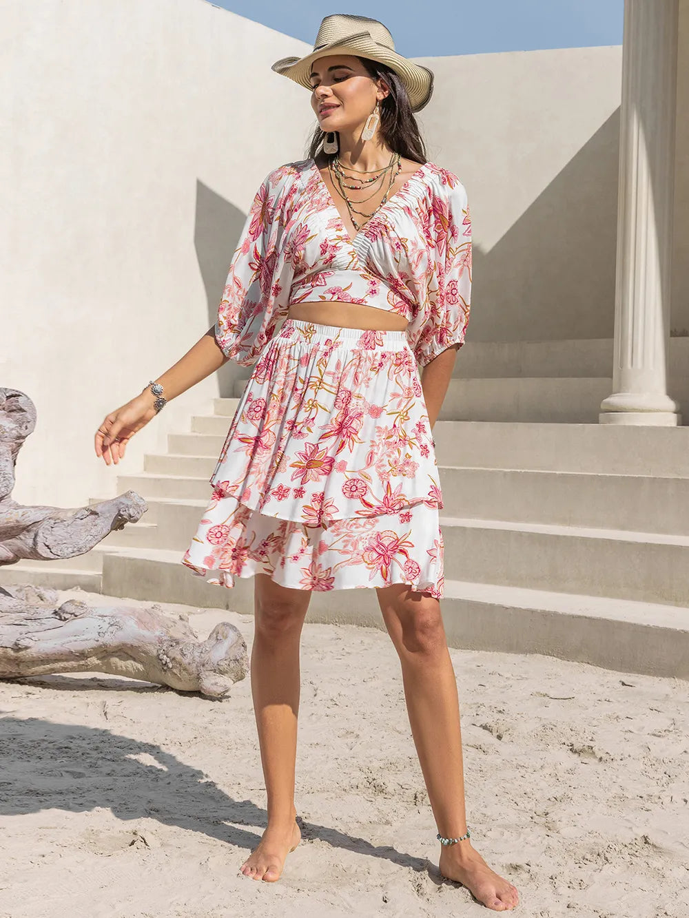 Printed Half Sleeve Top and Layered Skirt Set Trendsi