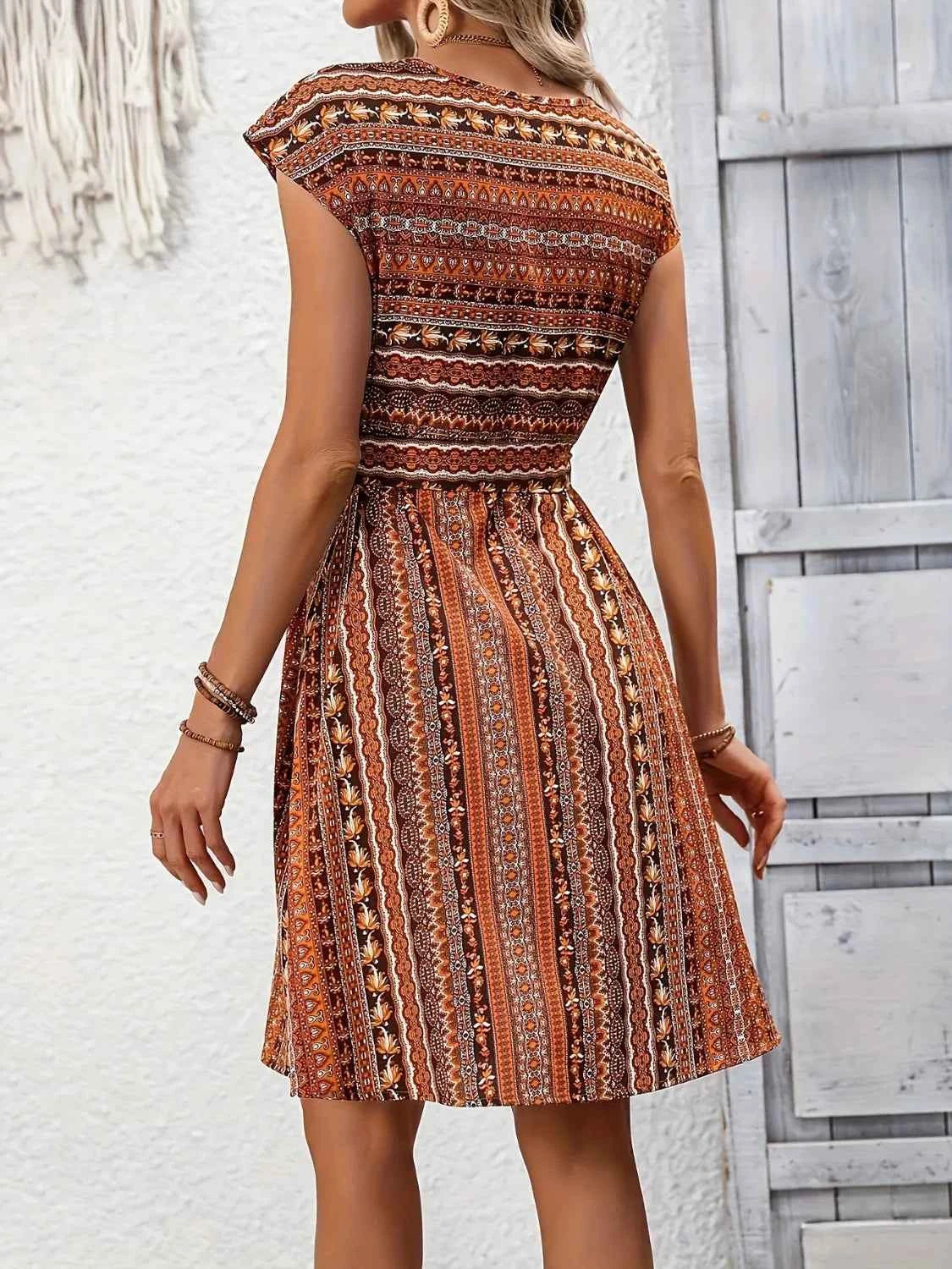 Printed Round Neck Cap Sleeve Dress Trendsi