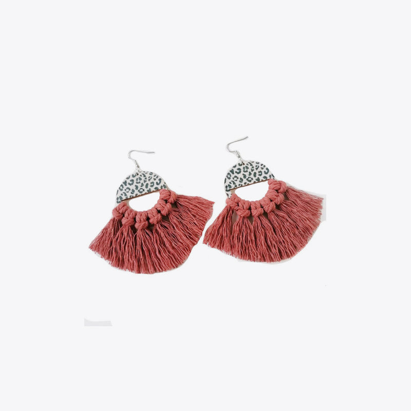 Tassel Detail Leopard Drop Earrings Watermelon pink One Size Trendsi