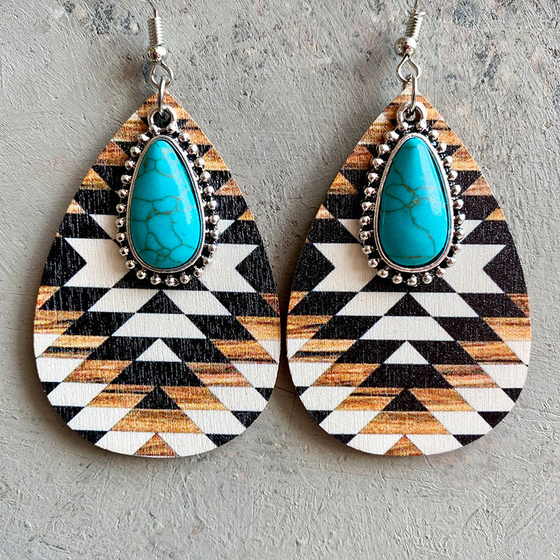Turquoise Teardrop Shape Wooden Dangle Earrings Style B One Size Trendsi