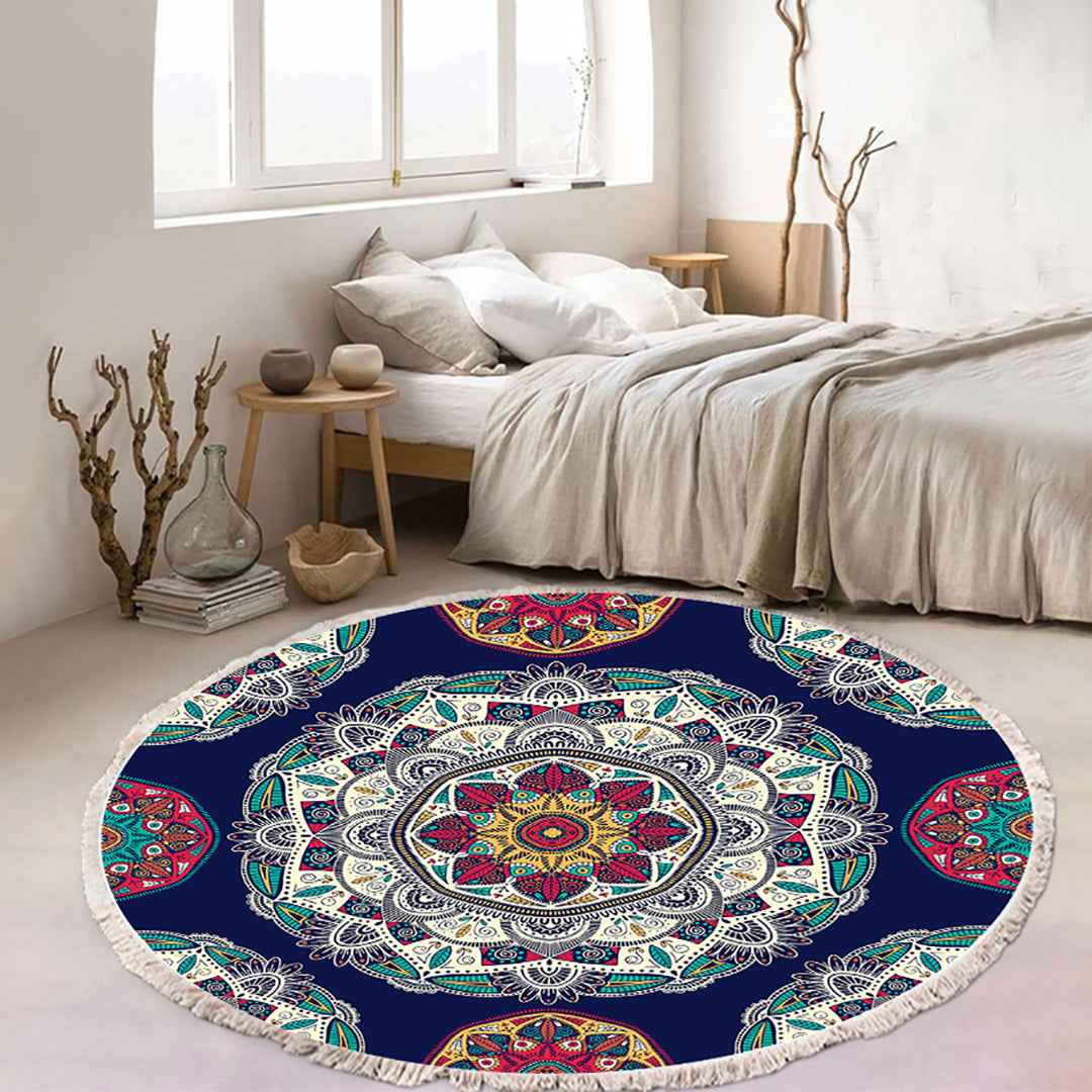 NNEAGS 90cm Round Rug Bohemian Circle Area Rug with Bohemian Geometric Pattern, Anti-slip Doormat, Home Decor NNEAGS