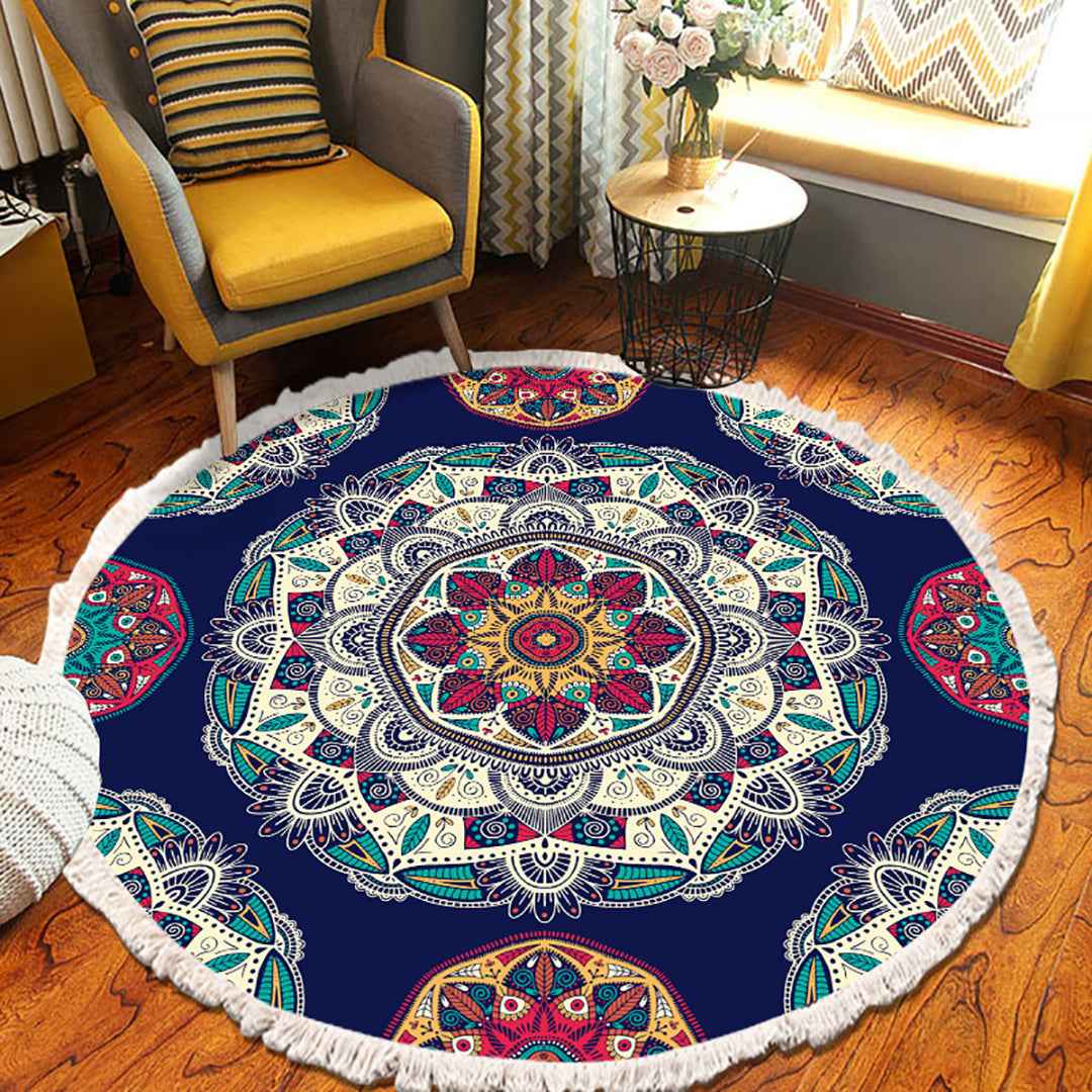 NNEAGS 90cm Round Rug Bohemian Circle Area Rug with Bohemian Geometric Pattern, Anti-slip Doormat, Home Decor NNEAGS