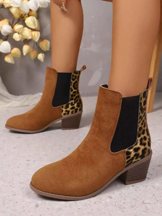 Leopard Print Chelsea Ankle Boots with Block Heel Trendsi