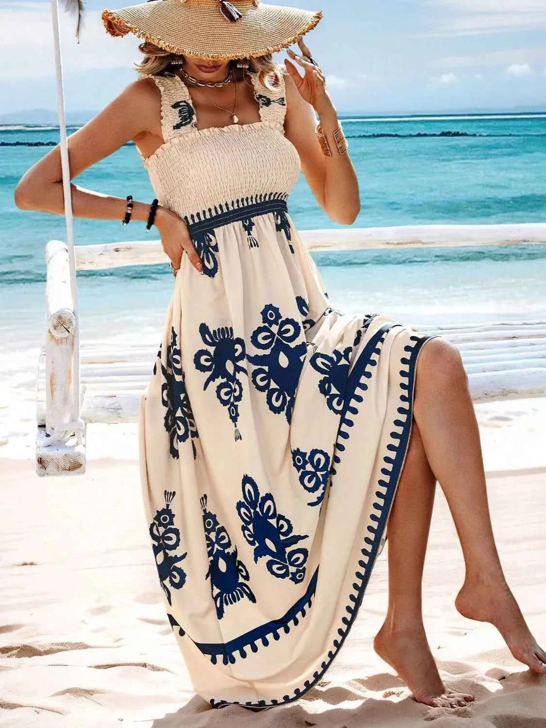 Smocked Printed Wide Strap Maxi Dress Trendsi
