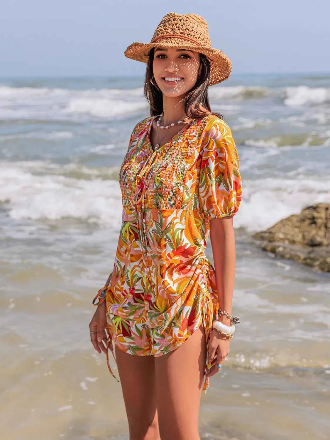 Smocked Printed Tie Neck Romper Trendsi
