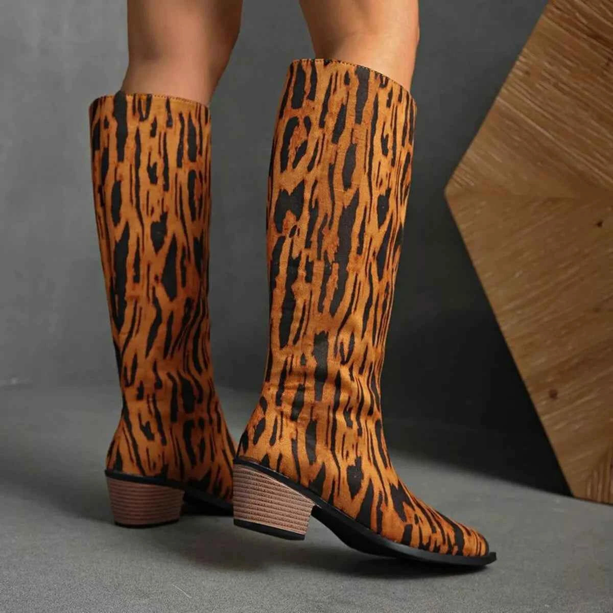 Animal Print Point Toe Block Heels Boots Trendsi