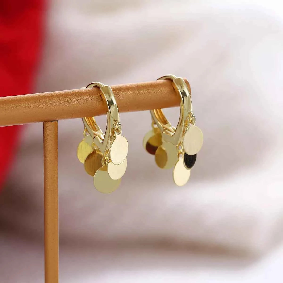 18K Gold-Plated Drop Hoop Earrings with Dangling Disc Charms Trendsi
