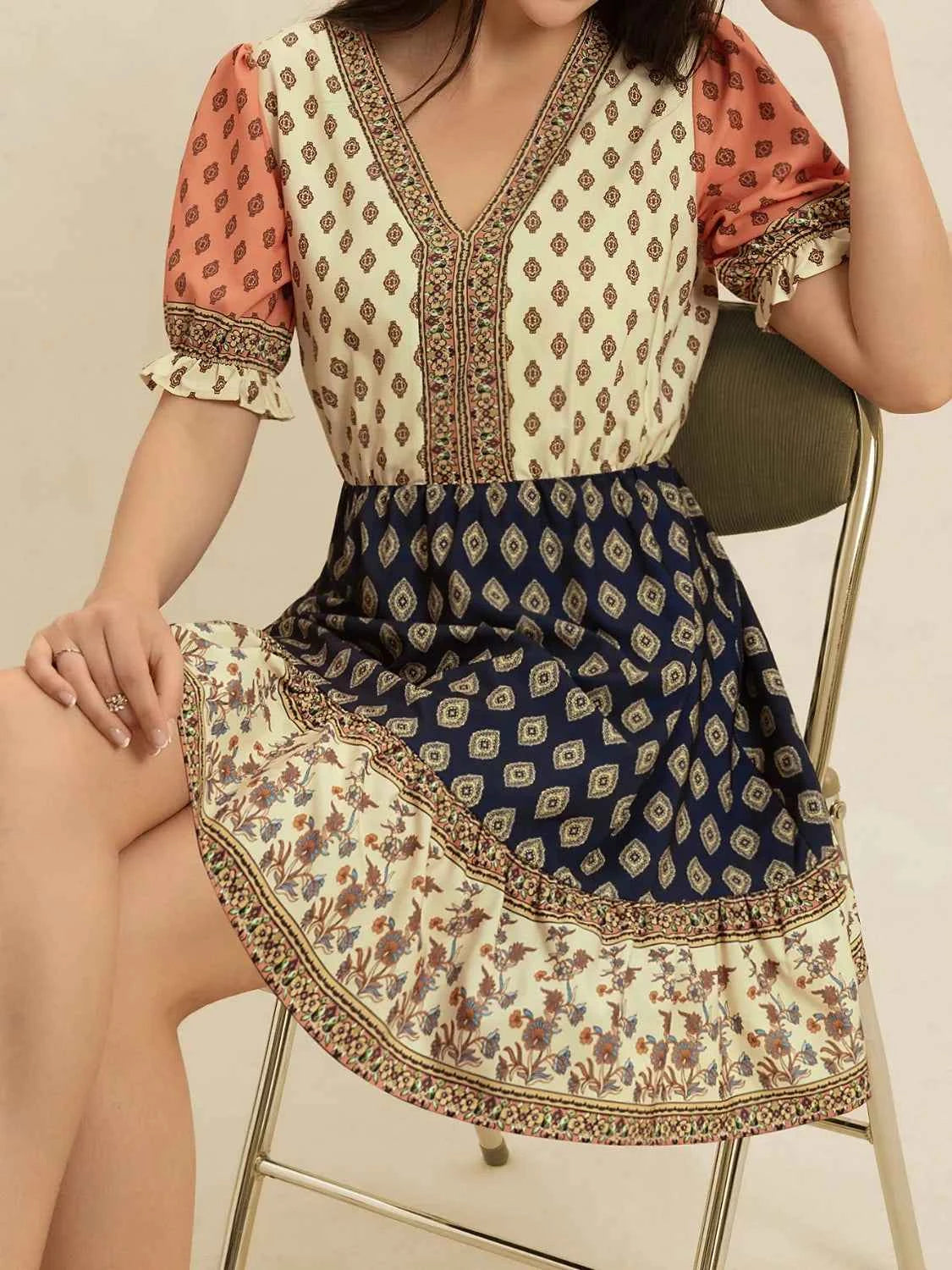 Printed V-Neck Dress with Short Sleeves Trendsi