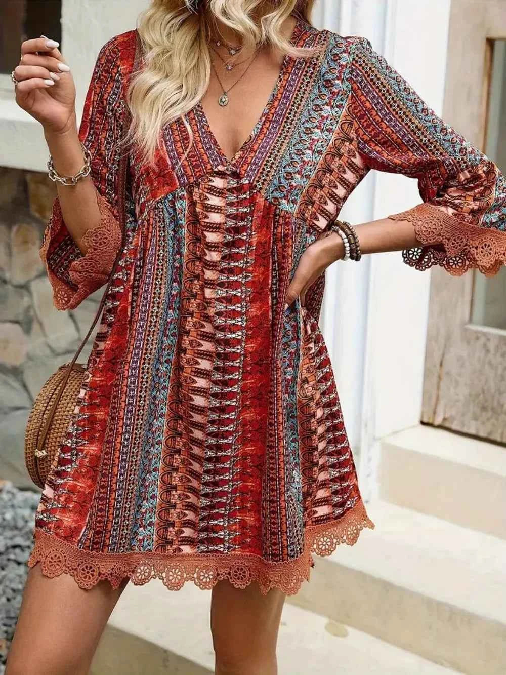 Lace Trim Printed V-Neck 3/4 Sleeve Dress Trendsi