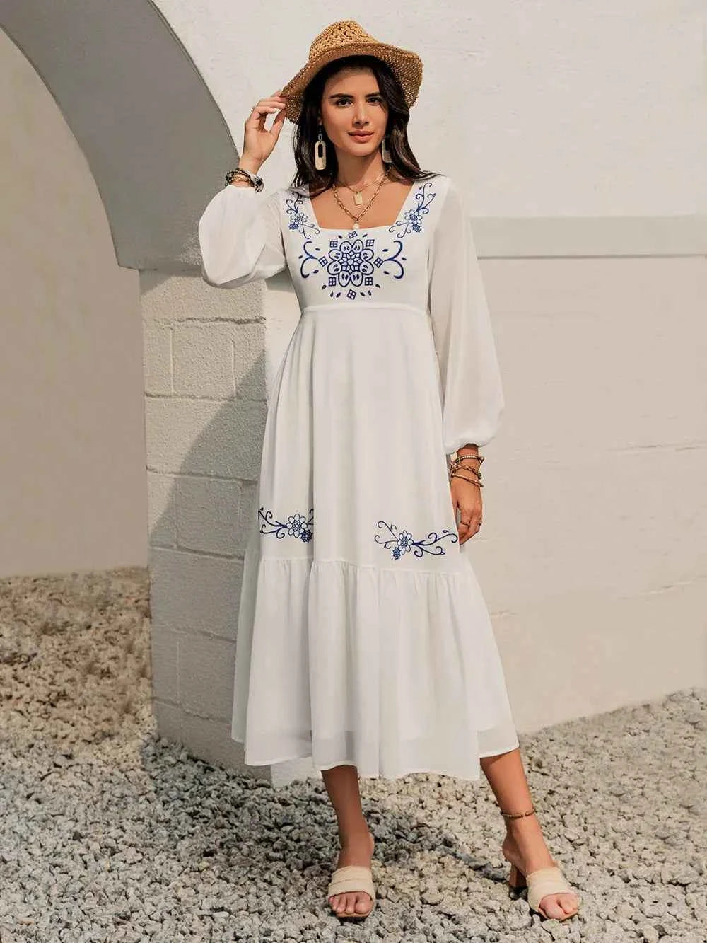 Printed Square Neck Balloon Sleeve Dress Trendsi