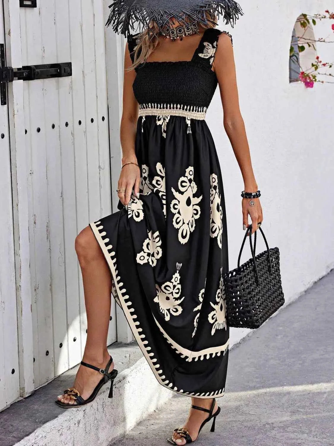 Smocked Printed Wide Strap Maxi Dress Trendsi