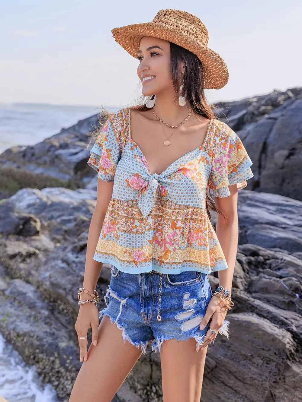 Printed Sweetheart Neck Layered Short Sleeve Blouse Trendsi