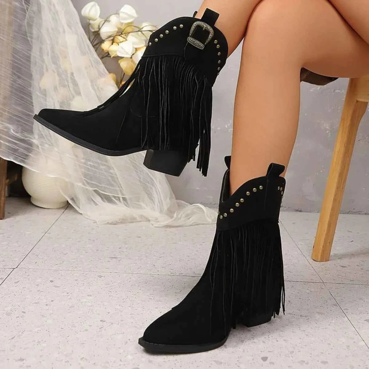 Fringe Point Toe Block Heels Boots Trendsi