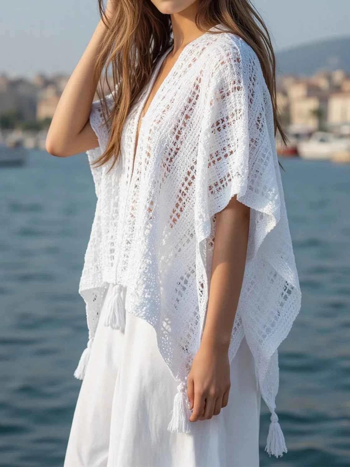 Openwork Tassel Open Front Knit Cover Up Trendsi