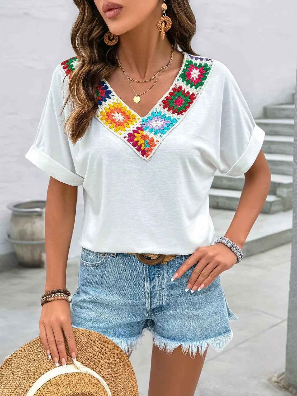 Contrast V-Neck Short Sleeve Top White Trendsi