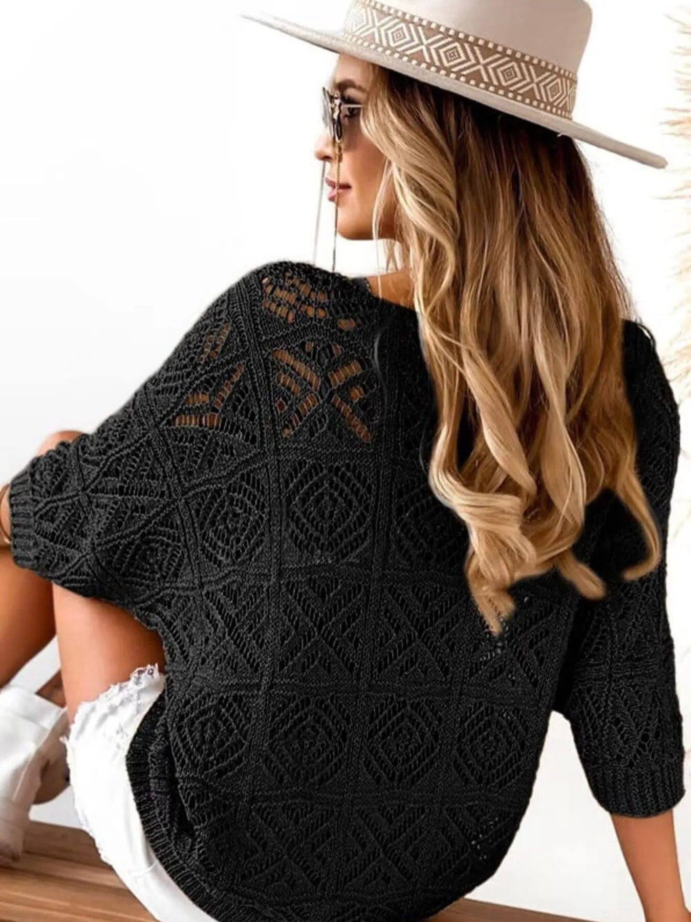 Openwork 3/4 Sleeve Knit Cover Up Trendsi