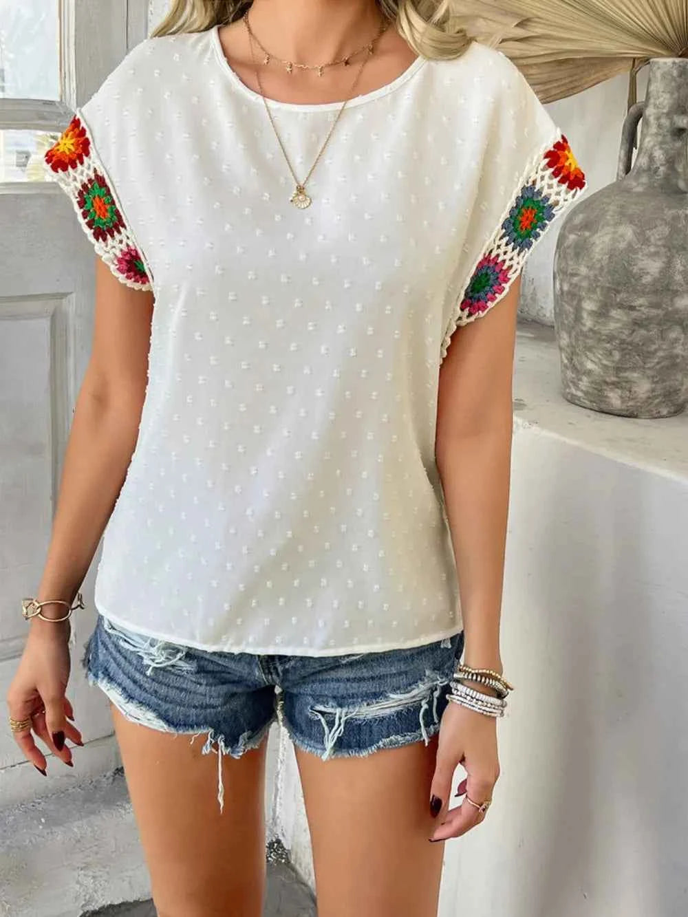 Devine Swiss Dot Round Neck Crochet Short Sleeve Top Trendsi