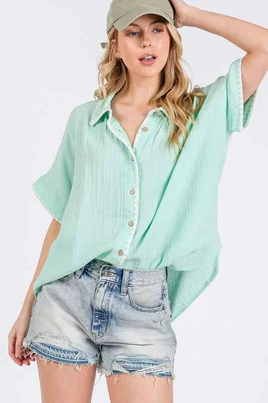 SAGE+FIG Boho Zigzag Trim Gauze Button-Up Shirt Mint Trendsi