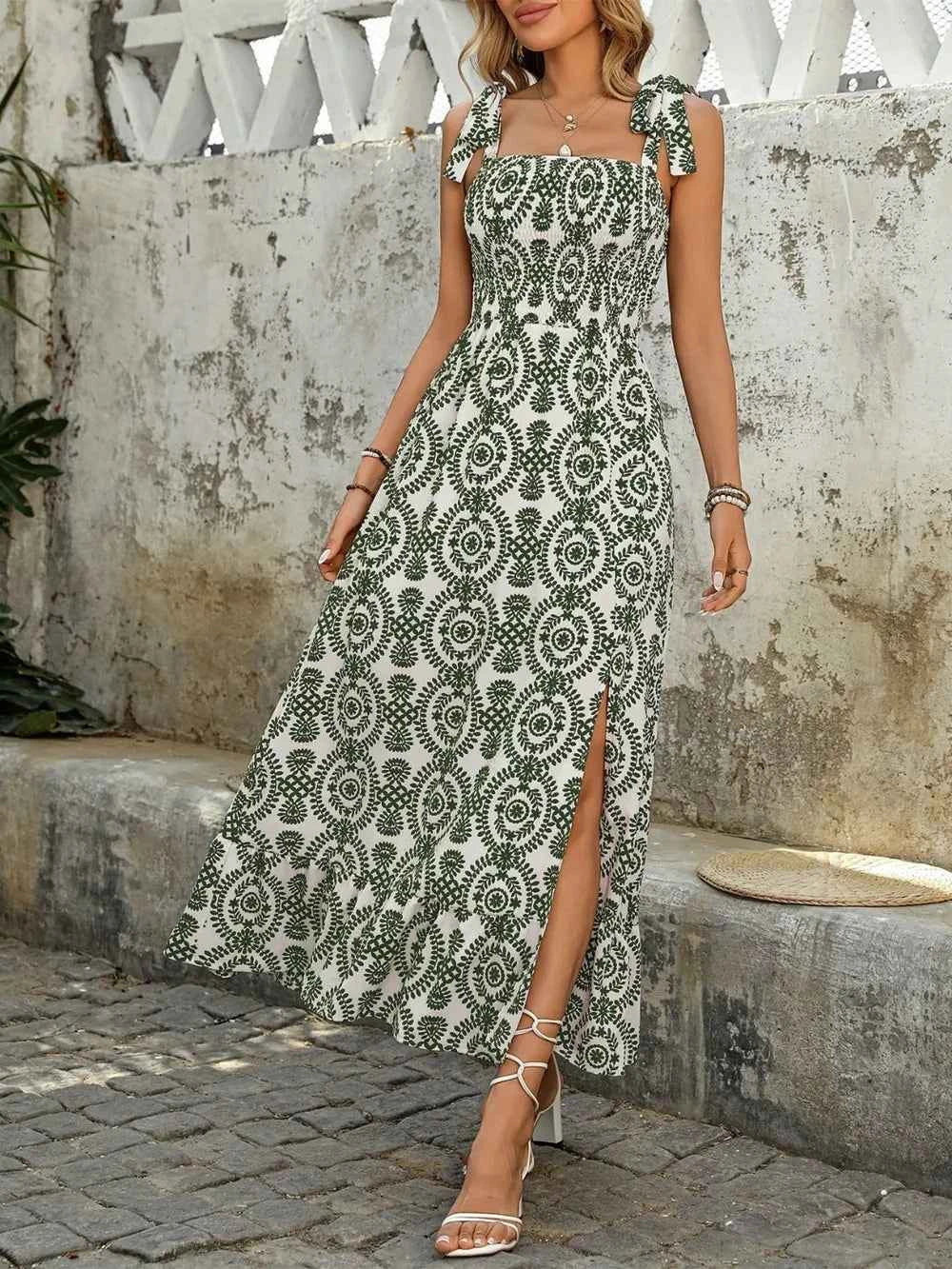 Smocked Slit Printed Tie Shoulder Dress Trendsi