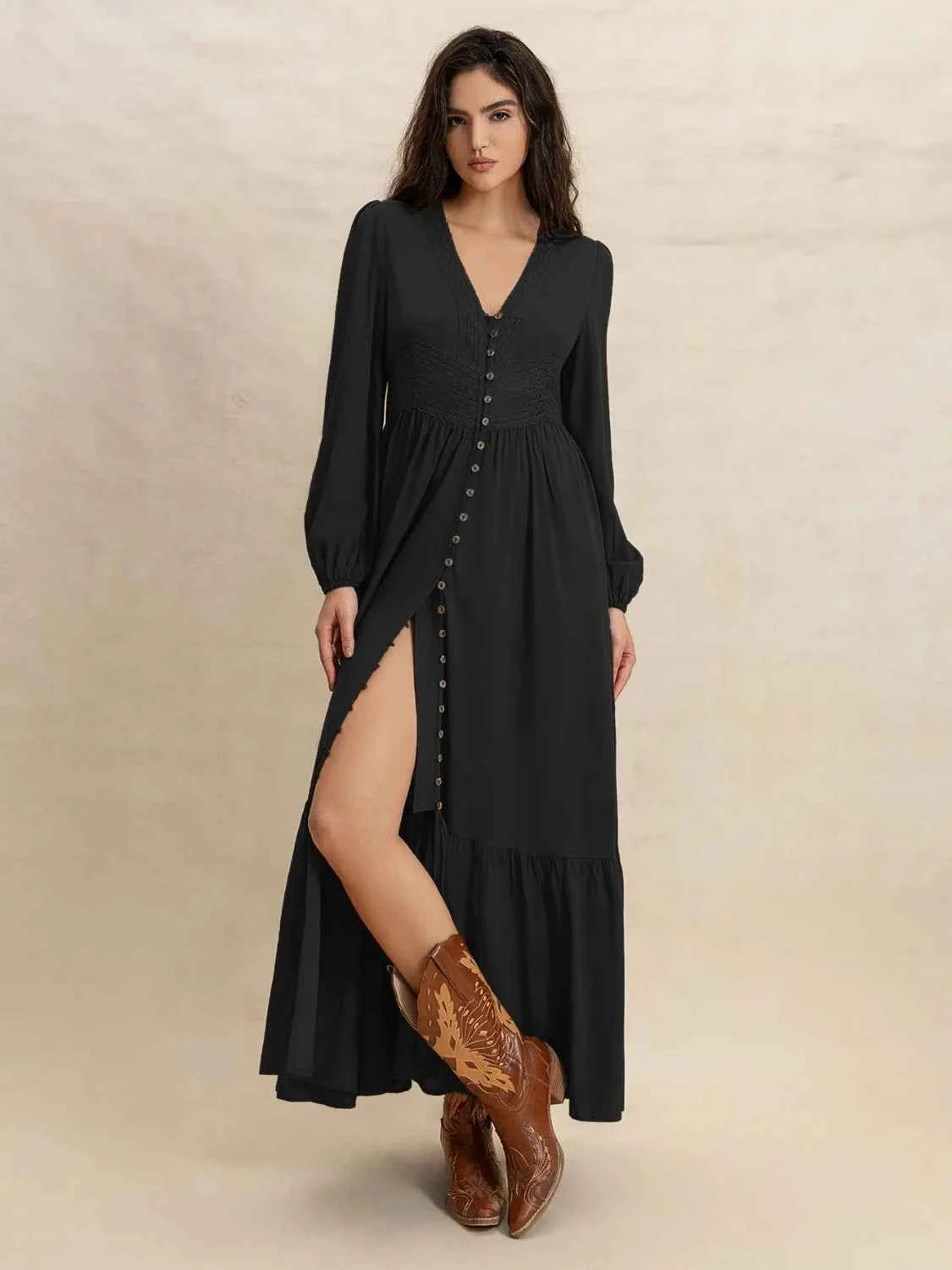 Boho V-Neck Long Sleeve Dress Trendsi