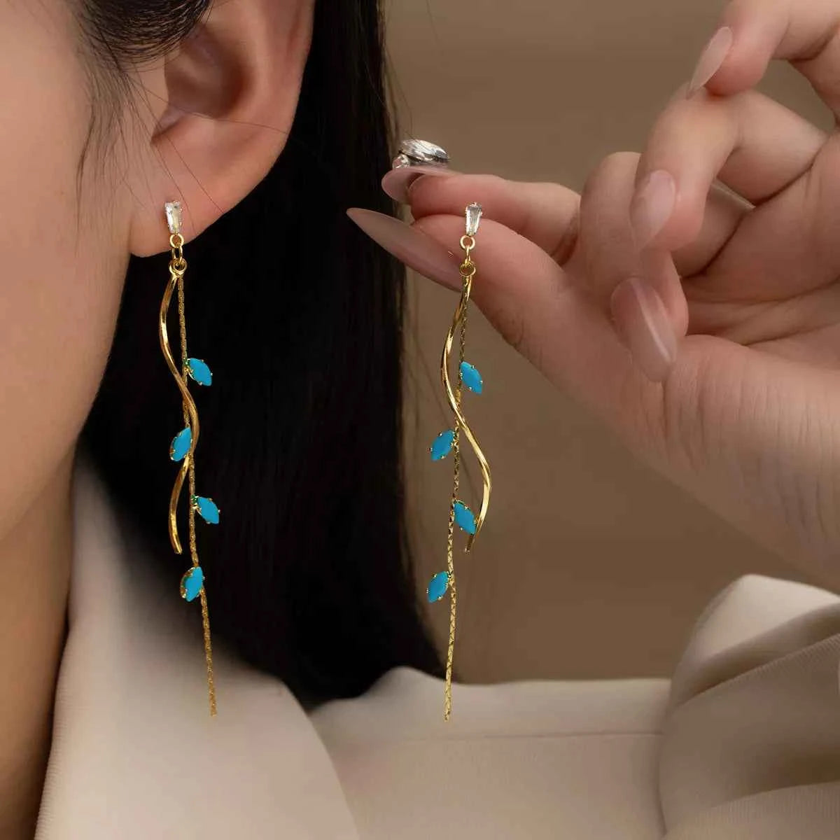 18K Gold-Plated Chain Drop Earrings Sky Blue onesize Trendsi