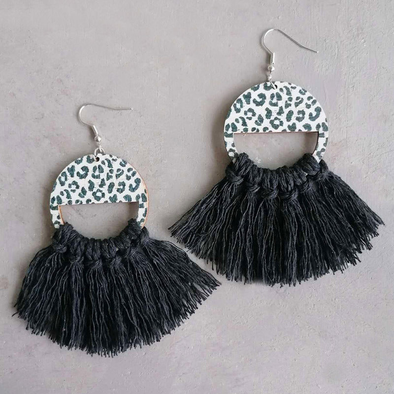 Tassel Detail Leopard Drop Earrings Black One Size Trendsi