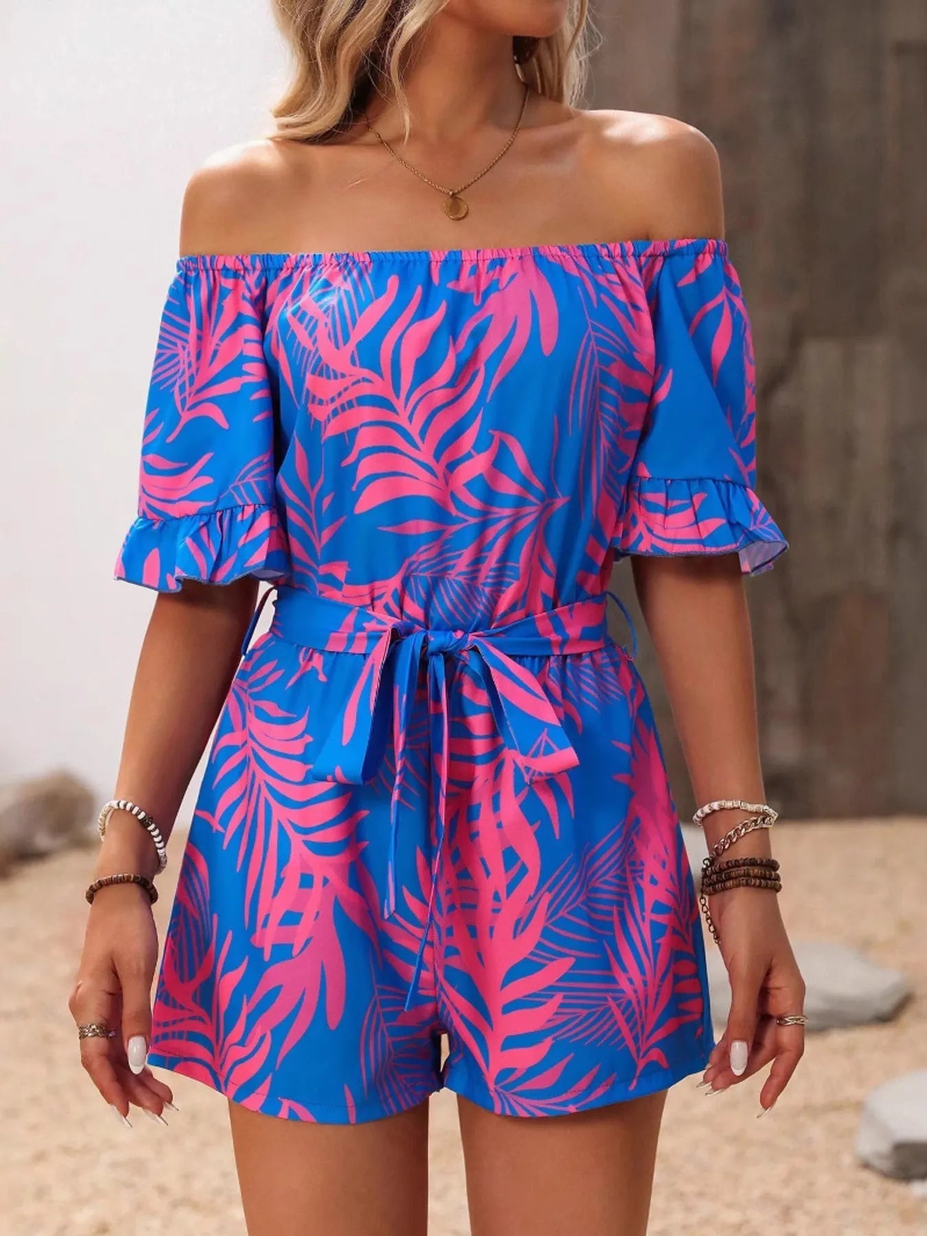 Tropical Print Off-Shoulder Romper Trendsi