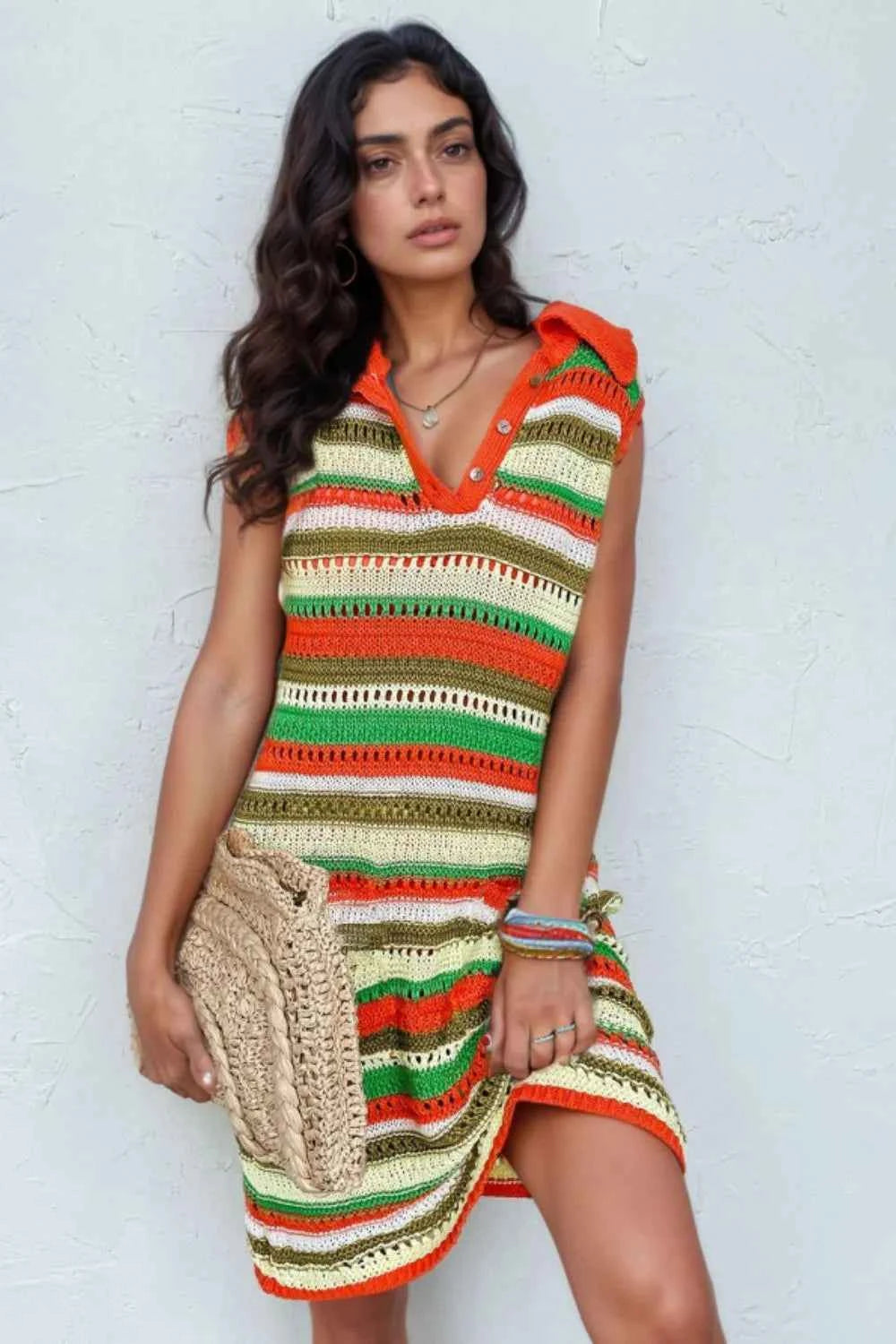 Openwork Stripe Sleeveless Sweater Dress Stripe Trendsi