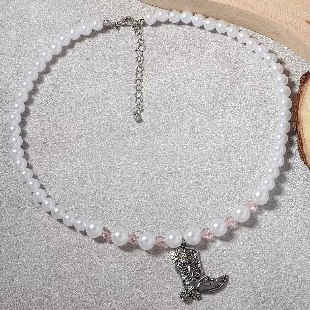 Pearl Beaded Cowboy Boot Necklace Trendsi