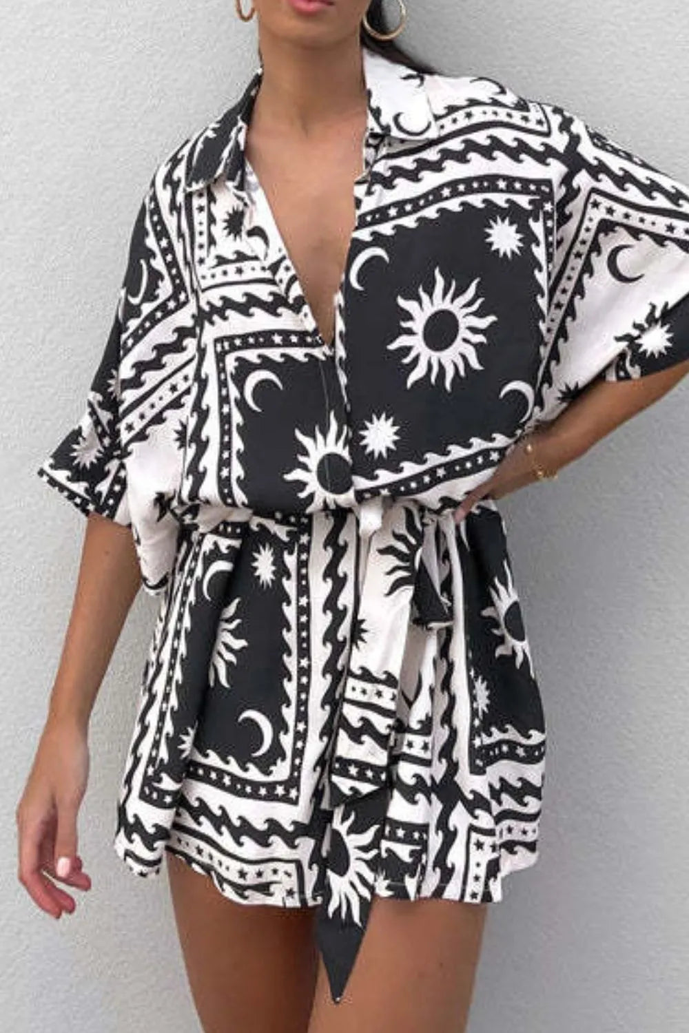 Printed Tie Waist Romper Black Trendsi