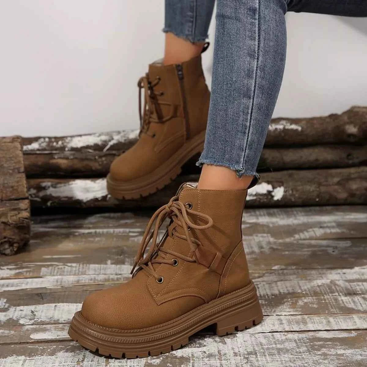 Round Toe Lace Up Platform Boots Brown Trendsi