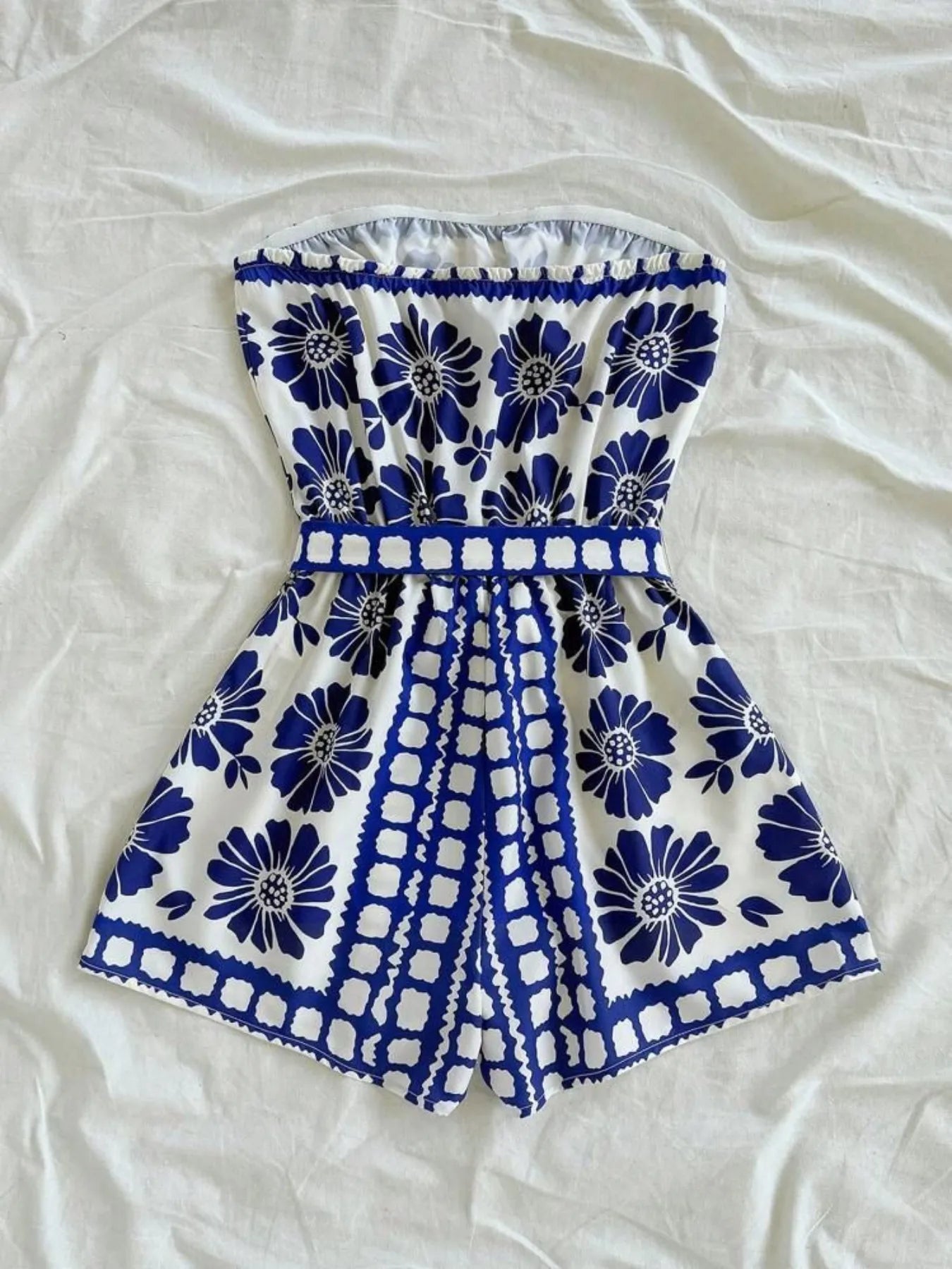 Printed Tube Tie Waist Romper Trendsi