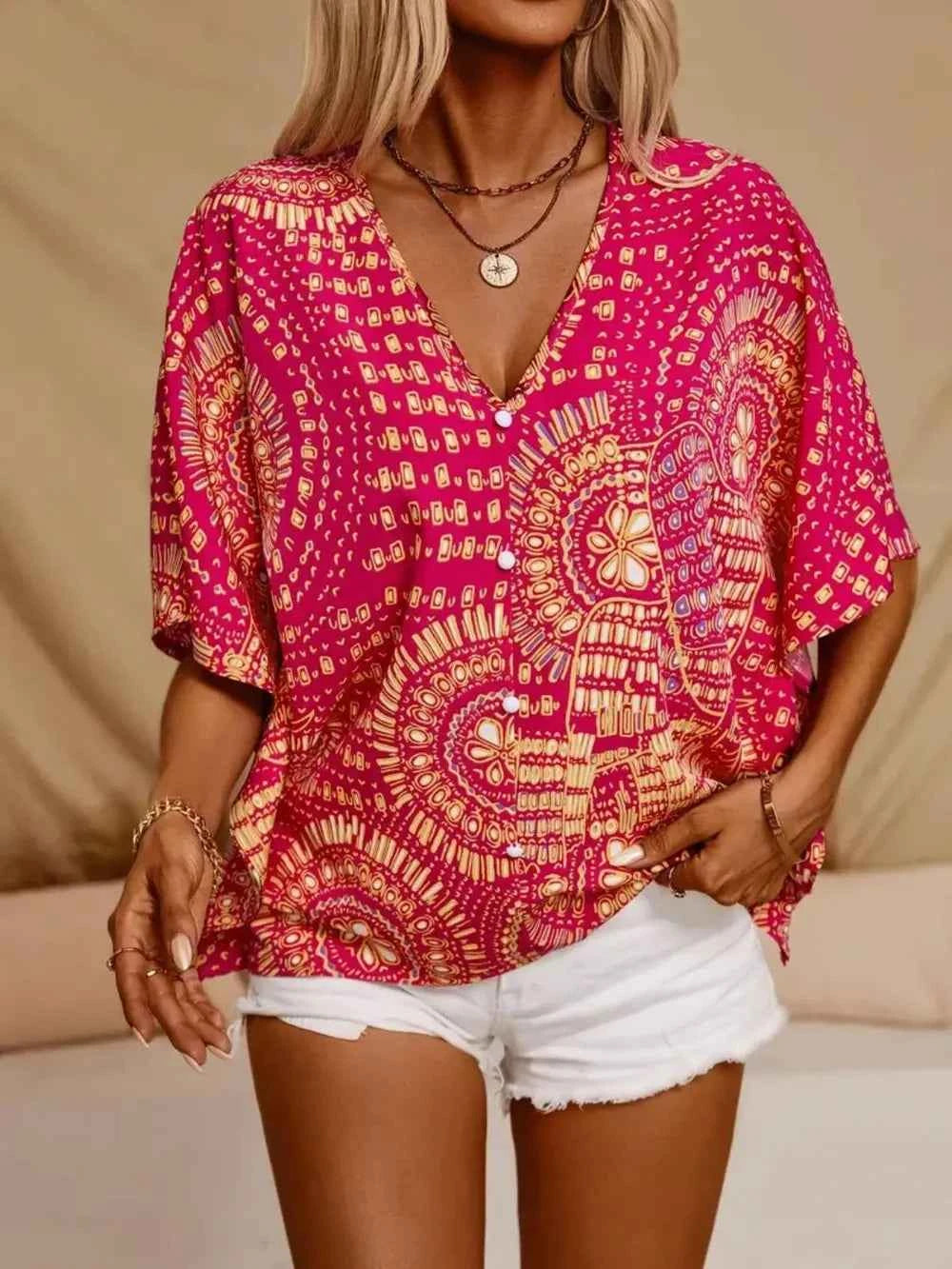 Printed V-Neck Half Sleeve Top Trendsi