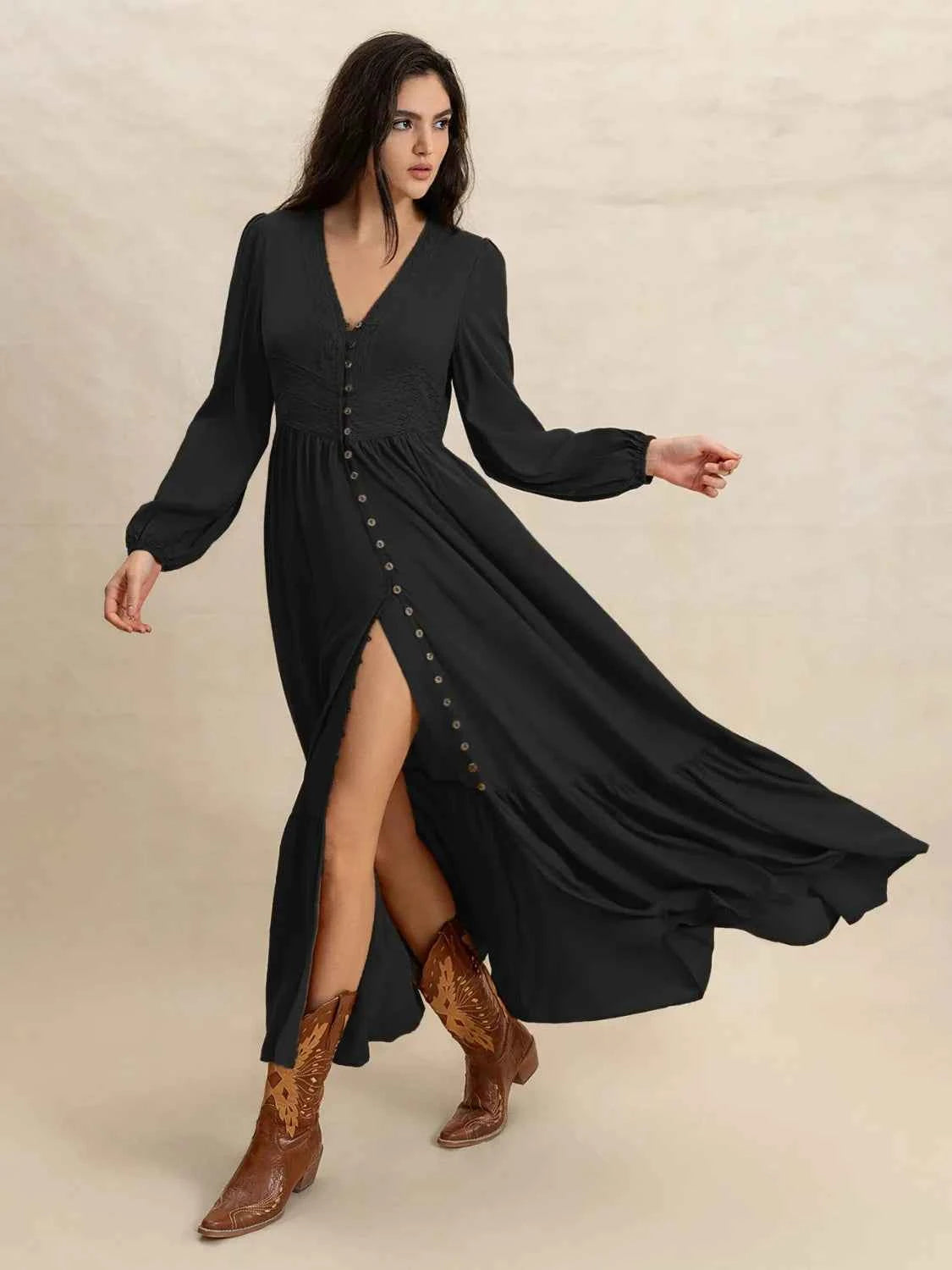 Boho V-Neck Long Sleeve Dress Trendsi